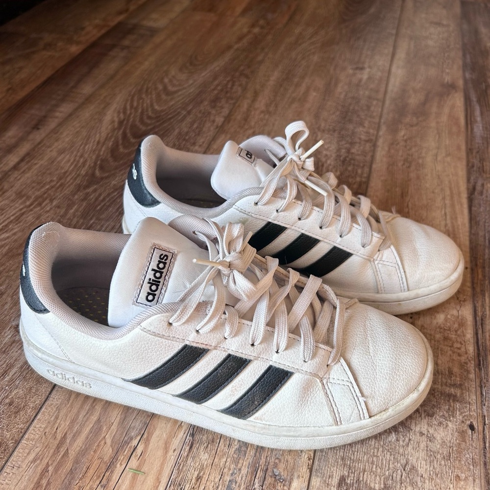 Adidas Grand Court White and Black Striped Tennis Shoes